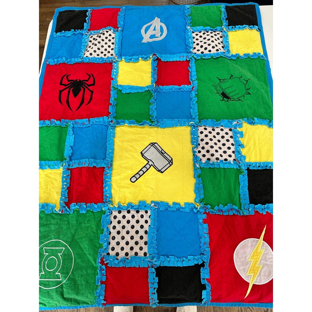 Handmade Superhero Rag Quilt Marvel DC Avengers Spider-Man‎ Minky Blanket 30x40